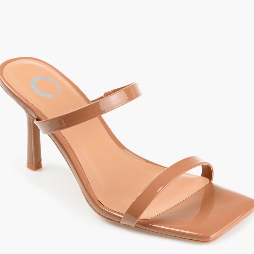 Journee Collection Brie Nude Tan Patent Square Toe Mule Heels Sandals Size 8.5